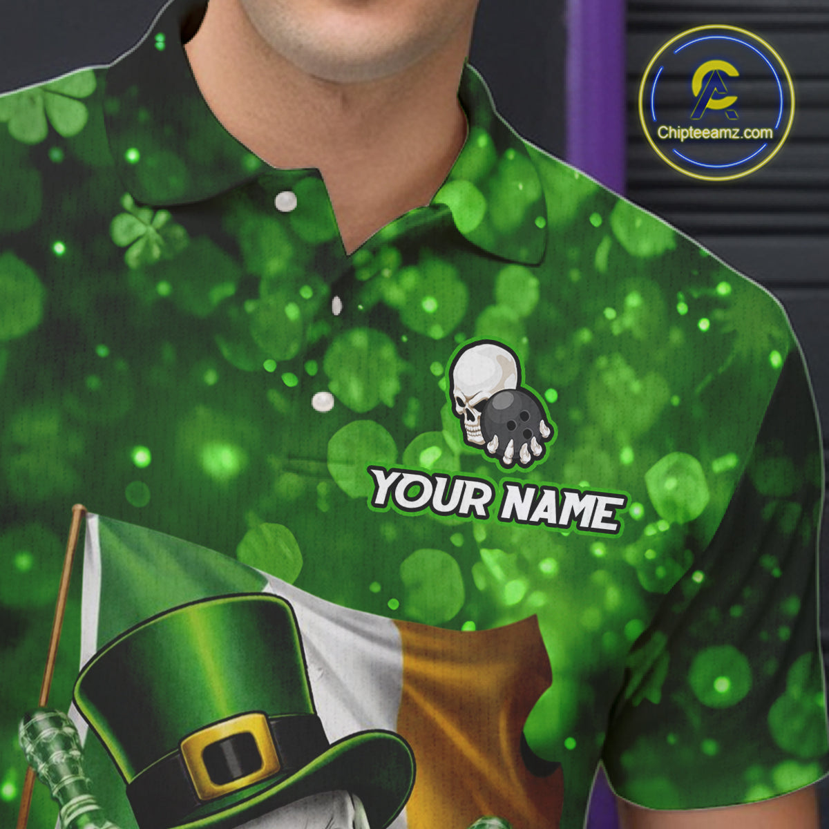 Custom Funny Skull Bowling and Beer Ireland Flag Green St Patrick Team Bowling Jerseys For Men NQS11484
