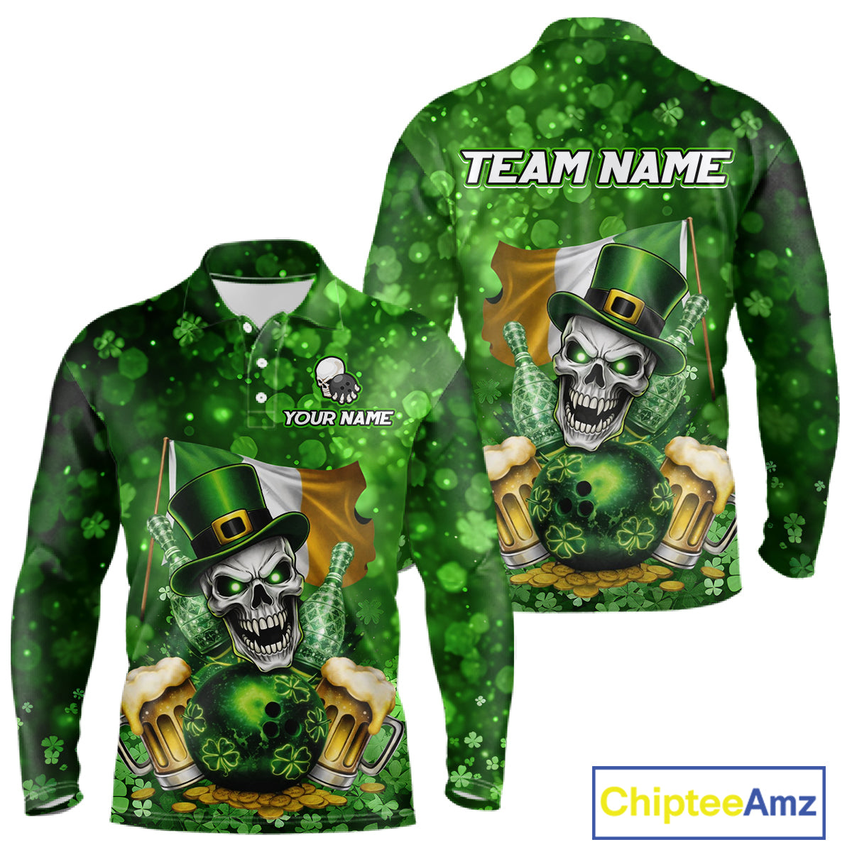Custom Funny Skull Bowling and Beer Ireland Flag Green St Patrick Team Bowling Jerseys For Men NQS11484