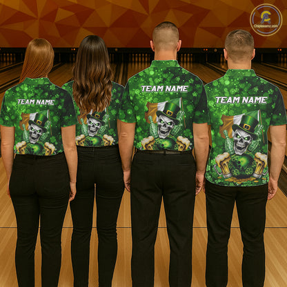 Custom Funny Skull Bowling and Beer Ireland Flag Green St Patrick Team Bowling Jerseys For Men NQS11484