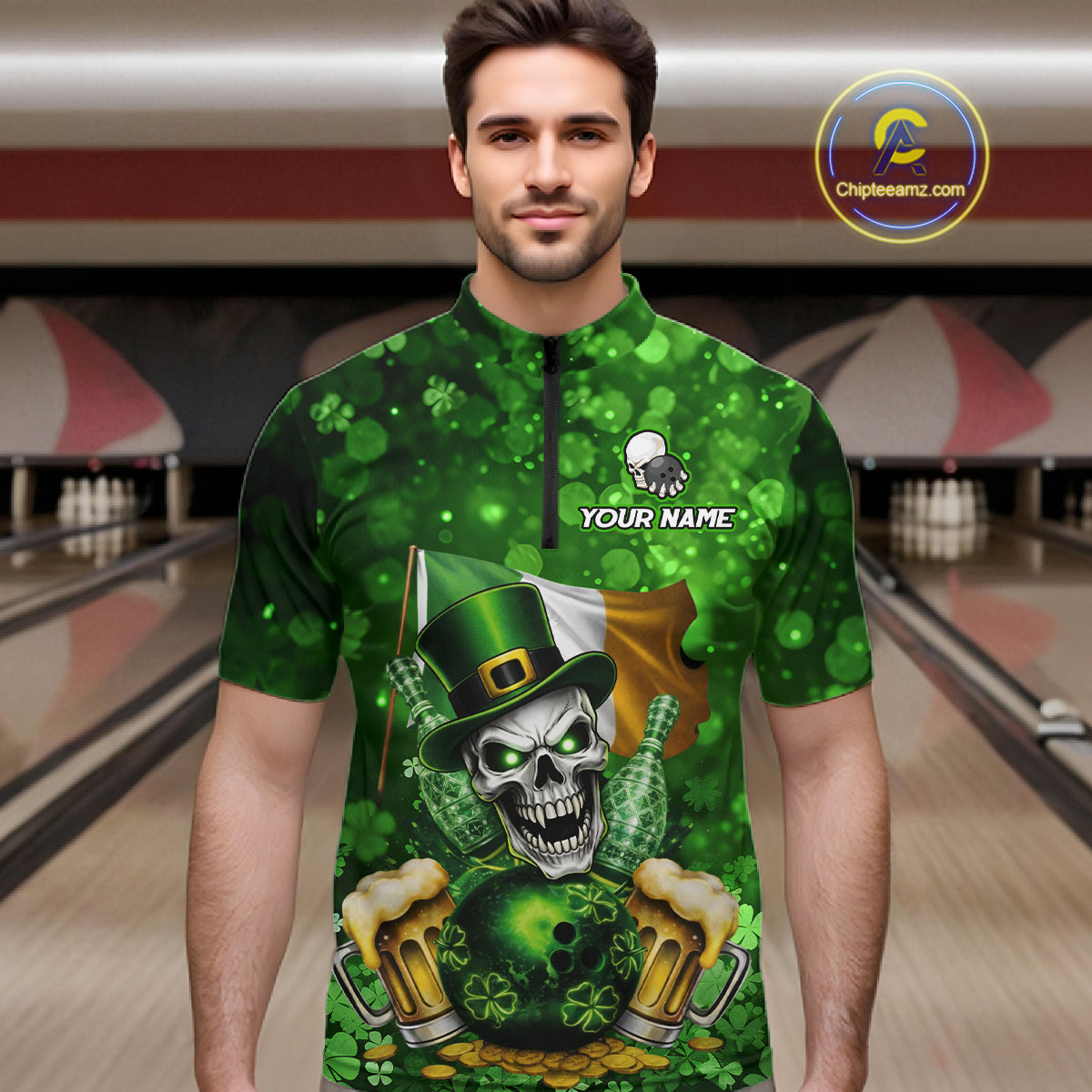 Custom Funny Skull Bowling and Beer Ireland Flag Green St Patrick Team Bowling Jerseys For Men NQS11484