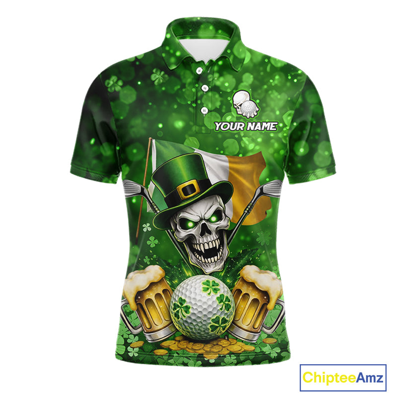 Custom Funny Skull Golf and Beer Ireland Flag Green St Patrick Team Polo shirts for Men, golfing gift NQS11485