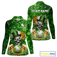 Load image into Gallery viewer, Custom Funny Skull Golf and Beer Ireland Flag Green St Patrick Team Golf Polo shirts for Women NQS11485