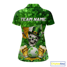 Load image into Gallery viewer, Custom Funny Skull Golf and Beer Ireland Flag Green St Patrick Team Golf Polo shirts for Women NQS11485