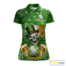 Load image into Gallery viewer, Custom Funny Skull Golf and Beer Ireland Flag Green St Patrick Team Golf Polo shirts for Women NQS11485