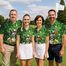 Load image into Gallery viewer, Custom Funny Skull Golf and Beer Ireland Flag Green St Patrick Team Golf Polo shirts for Women NQS11485