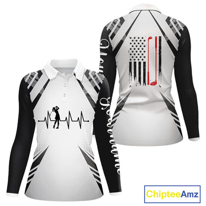 Black & White Golf Heartbeat US Flag Golf Polo Shirts for Women Custom Patriotic ladies golf attire NQS11754