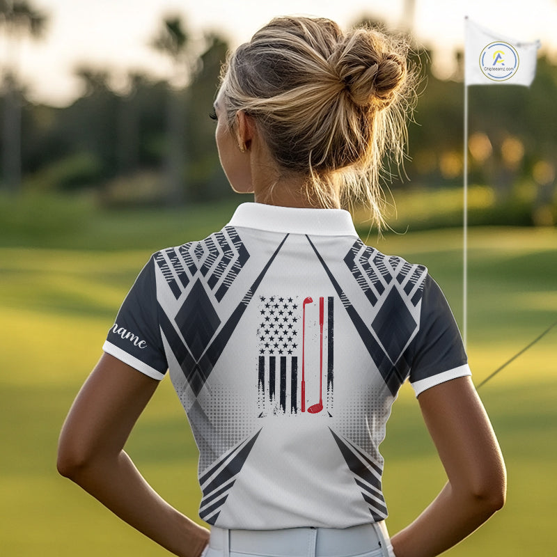 Black & White Golf Heartbeat US Flag Golf Polo Shirts for Women Custom Patriotic ladies golf attire NQS11754