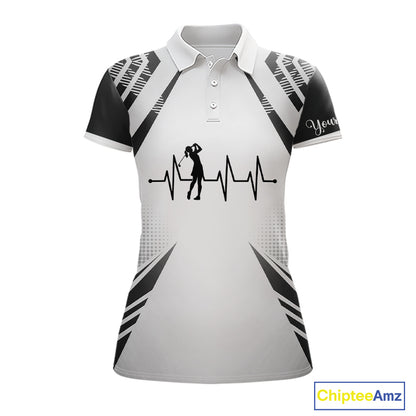 Black & White Golf Heartbeat US Flag Golf Polo Shirts for Women Custom Patriotic ladies golf attire NQS11754