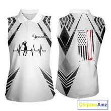 Load image into Gallery viewer, Black &amp; White Golf Heartbeat US Flag Sleeveless Golf Polo Shirt Custom Patriotic ladies golf attire NQS11754