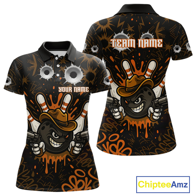 Funny Black & Orange Bowling Cowboy gun Women bowling polo, 1/4 zip shirt Custom bowling team jersey NQS10688