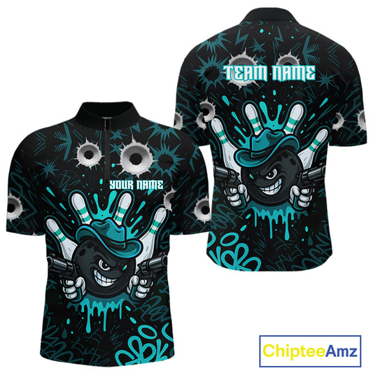 Black and Cyan Blue Bowling Cowboy gun Men bowling polo, 1/4 zip shirts Custom bowling team jersey NQS10689