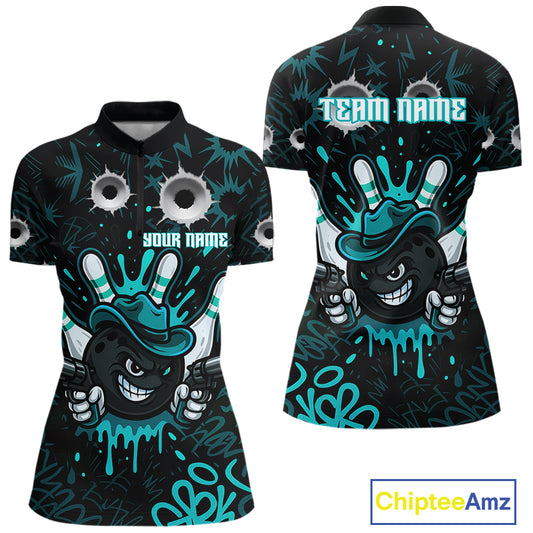 Black and Cyan Blue Bowling Cowboy gun Women bowling polo, 1/4 zip shirt Custom bowling team jersey NQS10689