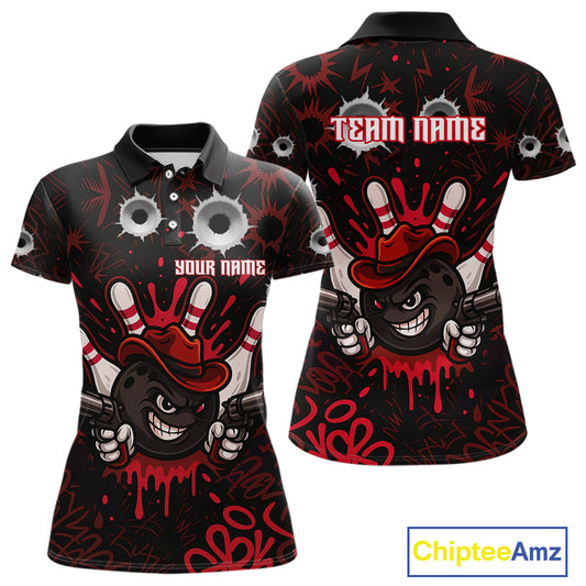 Funny Black and Red Bowling Cowboy gun Women bowling polo, 1/4 zip shirt Custom bowling team jersey NQS10690