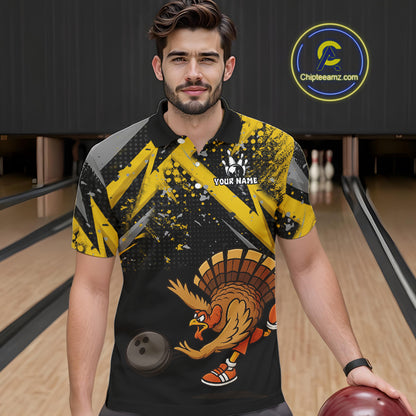 Custom Funny Turkey Bowling Jersey Black and Yellow Thanksgiving Bowling Team Men Polo, 1/4 Zip Shirt NQS10900