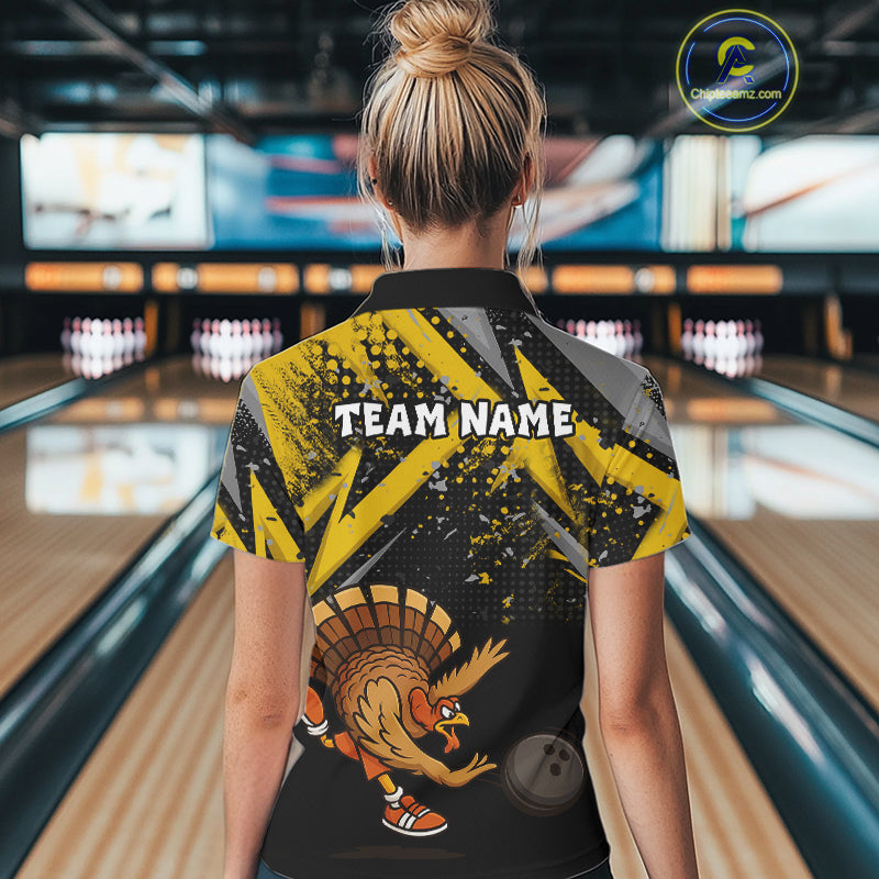 Custom Funny Turkey Bowling Jersey Black & Yellow Thanksgiving Bowling Team Women Polo, 1/4 Zip Shirt NQS10900