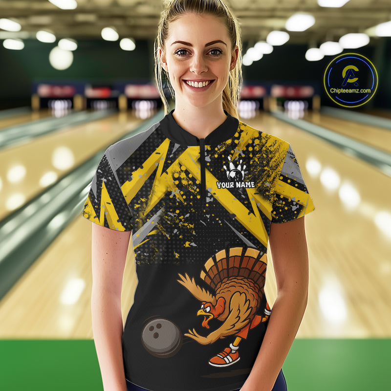 Custom Funny Turkey Bowling Jersey Black & Yellow Thanksgiving Bowling Team Women Polo, 1/4 Zip Shirt NQS10900
