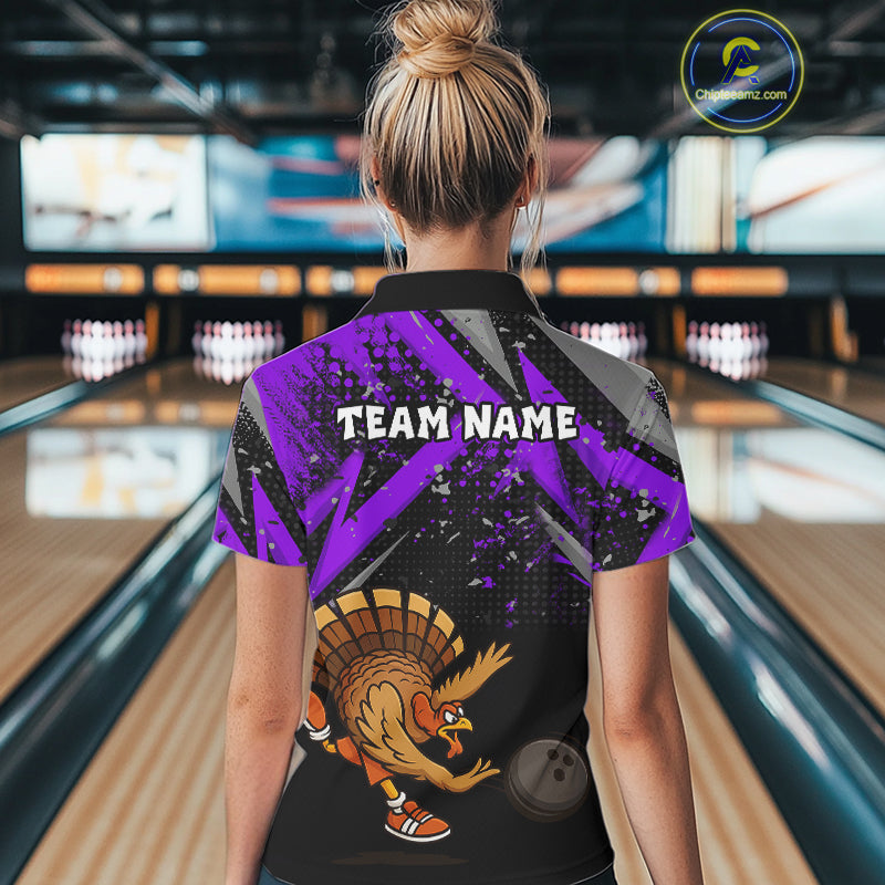 Custom Funny Turkey Bowling Jersey Black & Purple Thanksgiving Bowling Team Women Polo, 1/4 Zip Shirt NQS10901