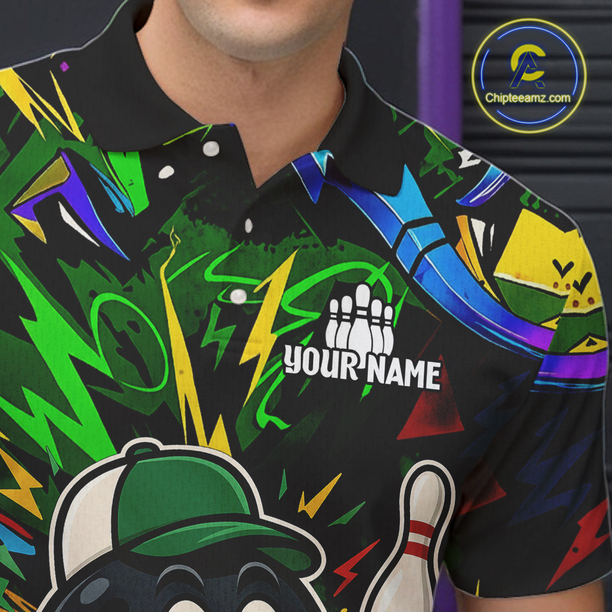 Green graffiti pattern Funny Bowling polo, quarter zip shirts for men custom Bowling team jerseys NQS11079