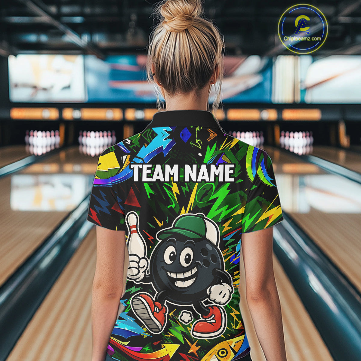 Green graffiti pattern Funny Bowling polo, quarter zip shirts for women custom Bowling team jerseys NQS11079