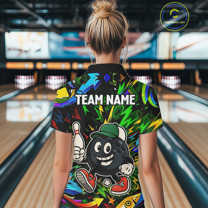 Green graffiti pattern Funny Bowling polo, quarter zip shirts for women custom Bowling team jerseys NQS11079