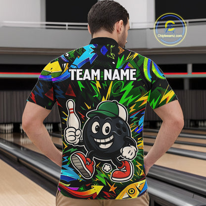 Green graffiti pattern Funny Bowling polo, quarter zip shirts for men custom Bowling team jerseys NQS11079