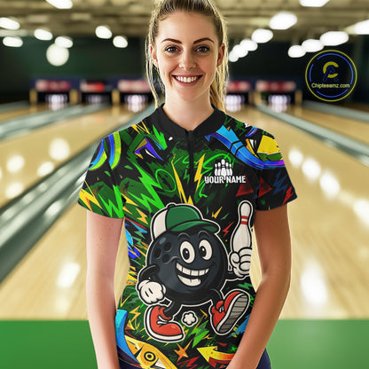 Green graffiti pattern Funny Bowling polo, quarter zip shirts for women custom Bowling team jerseys NQS11079