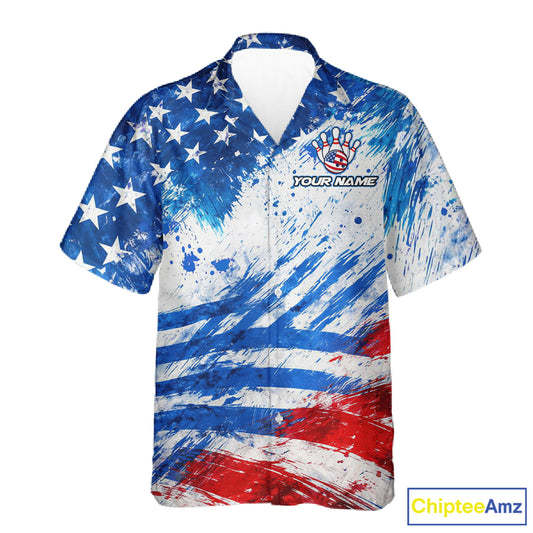 Red, White & Blue American Flag Bowling Hawaiian Shirt Custom patriotic Team Bowling Button-up shirt NQS11505