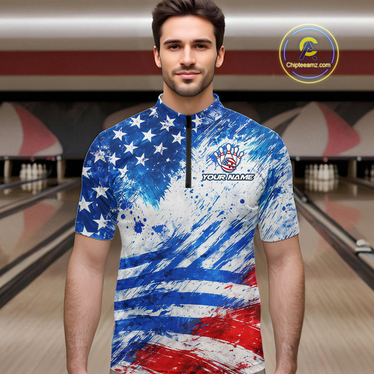 Red, White and Blue American Flag Bowling Shirts For Men Custom patriotic Team Bowling Jerseys NQS11505