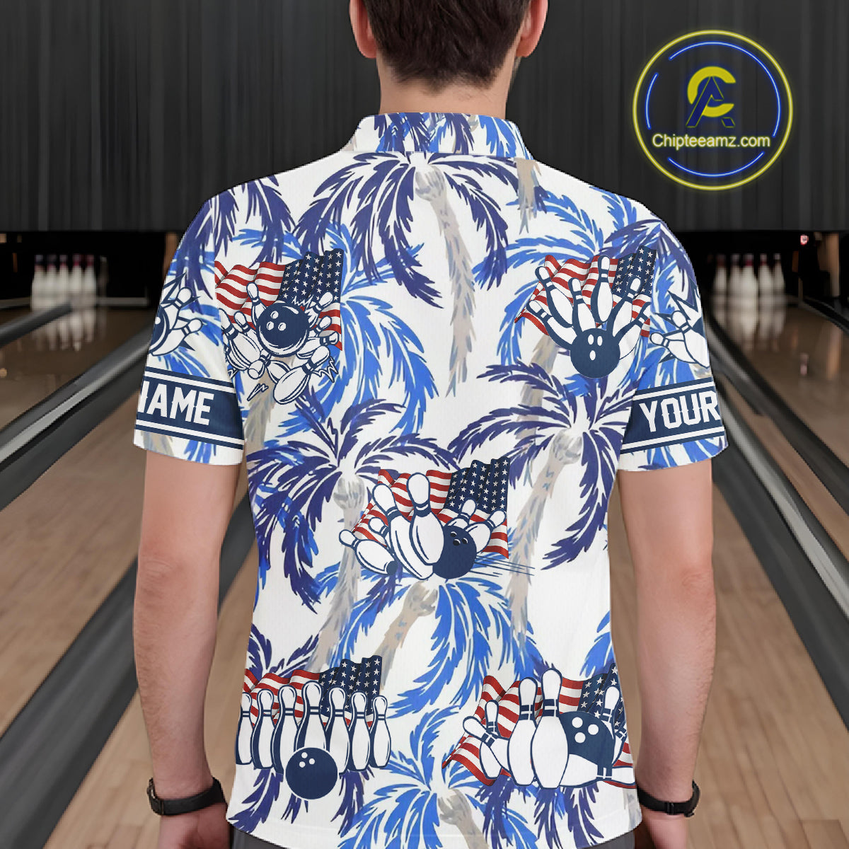 Blue Palm tropical pattern American Flag Bowling shirts For Men custom bowling team jerseys NQS11097