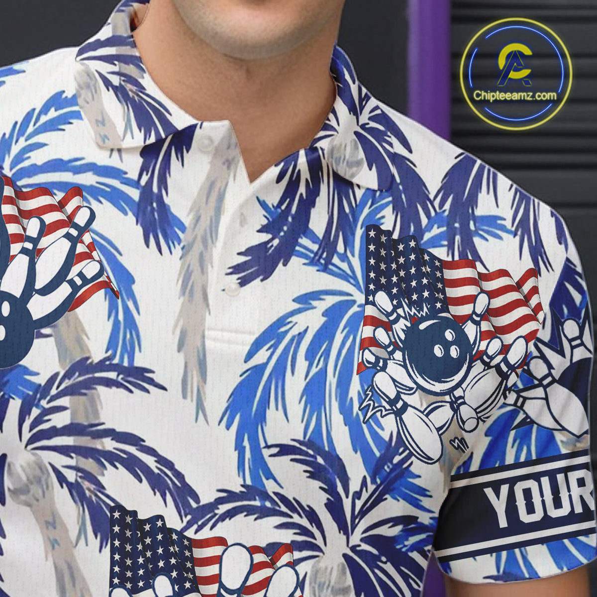 Blue Palm tropical pattern American Flag Bowling shirts For Men custom bowling team jerseys NQS11097