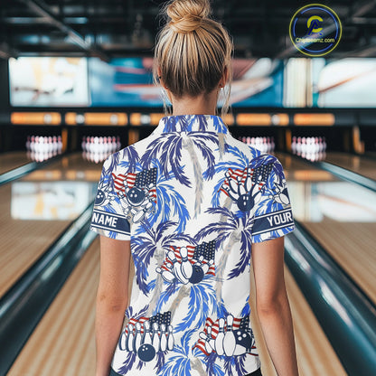 Blue Palm tropical pattern American Flag Bowling shirts For Women custom bowling team jerseys NQS11097