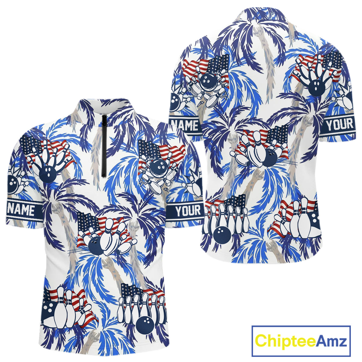 Blue Palm tropical pattern American Flag Bowling shirts For Men custom bowling team jerseys NQS11097