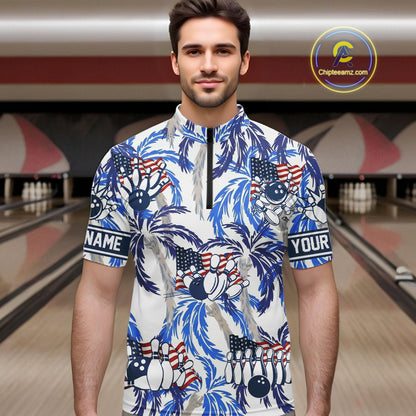 Blue Palm tropical pattern American Flag Bowling shirts For Men custom bowling team jerseys NQS11097