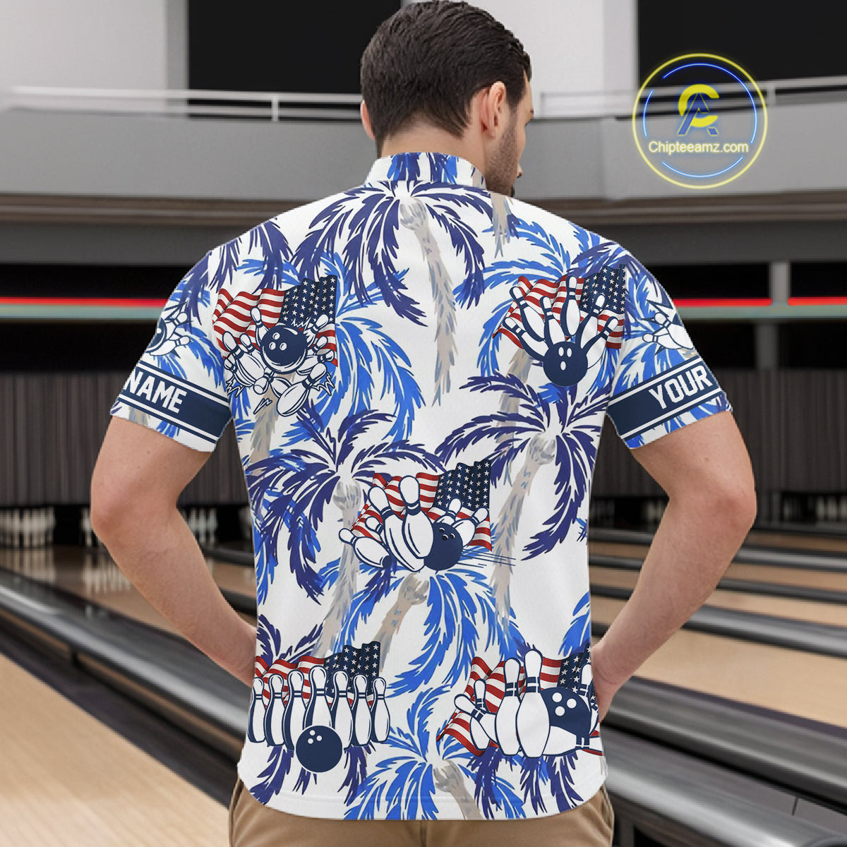 Blue Palm tropical pattern American Flag Bowling shirts For Men custom bowling team jerseys NQS11097
