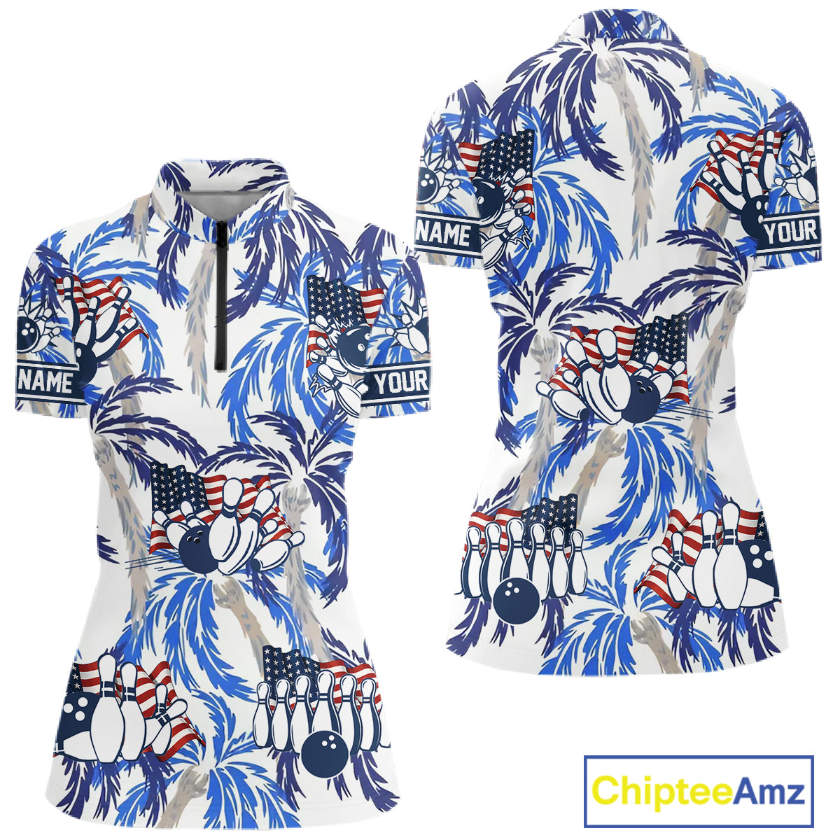 Blue Palm tropical pattern American Flag Bowling shirts For Women custom bowling team jerseys NQS11097