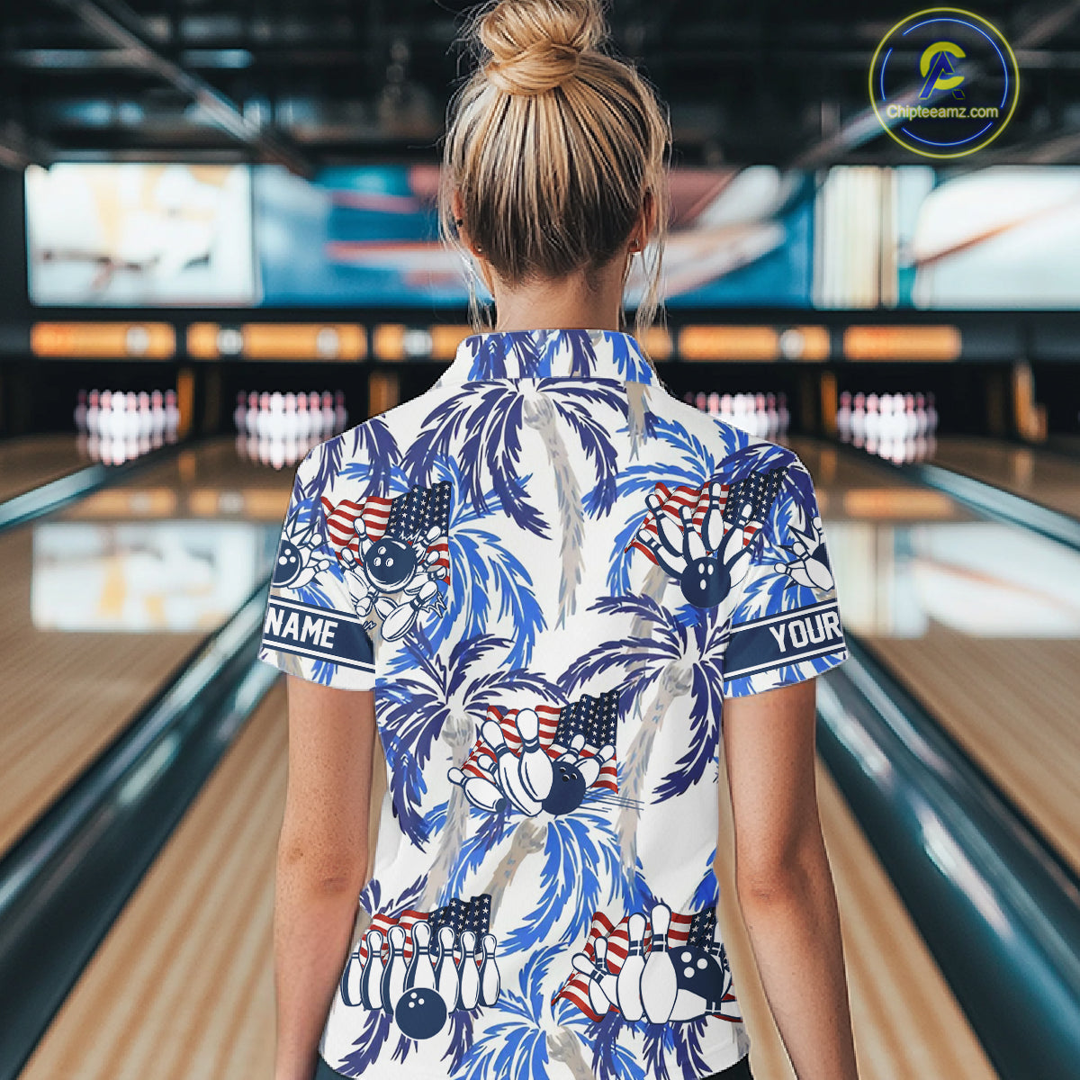 Blue Palm tropical pattern American Flag Bowling shirts For Women custom bowling team jerseys NQS11097