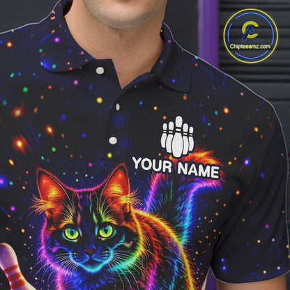 Personalized Bowling Shirts for Men Custom Cat Team Bowling Apparel, Colorful Neon bowling shirts NQS11517