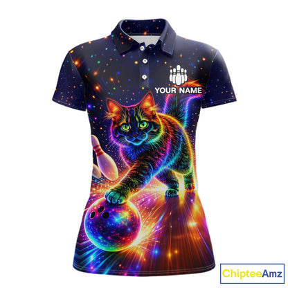 Personalized Bowling Shirts for Women Custom Cat Team Bowling Apparel, Colorful Neon bowling shirts NQS11517