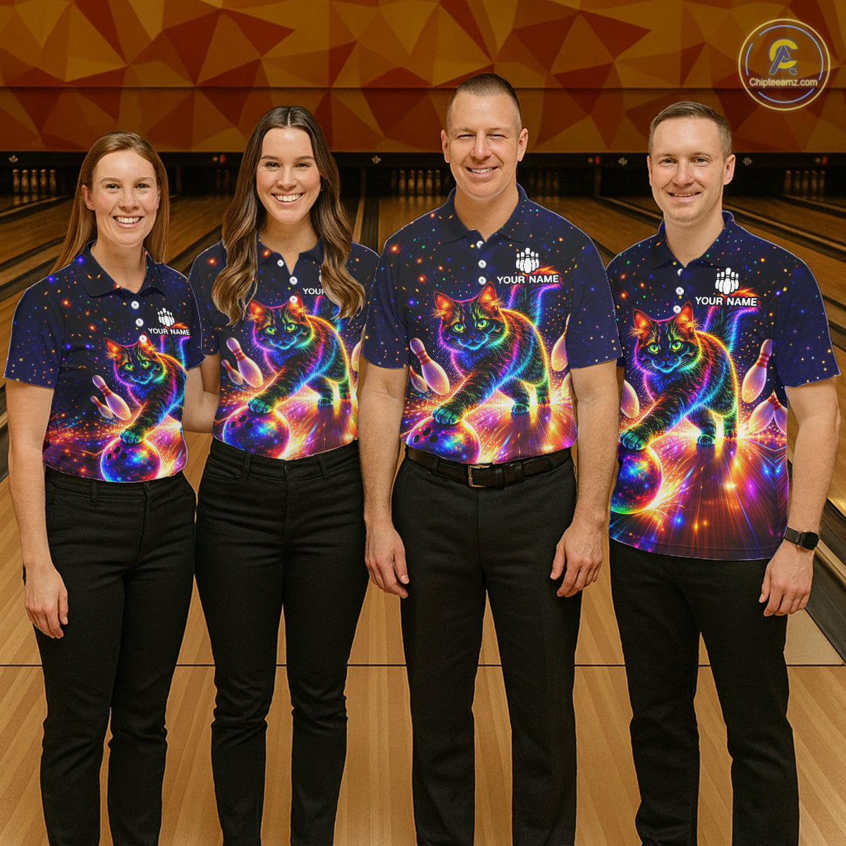 Personalized Bowling Shirts for Men Custom Cat Team Bowling Apparel, Colorful Neon bowling shirts NQS11517