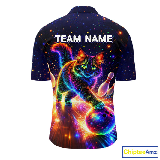 Personalized Bowling Shirts for Men Custom Cat Team Bowling Apparel, Colorful Neon bowling shirts NQS11517