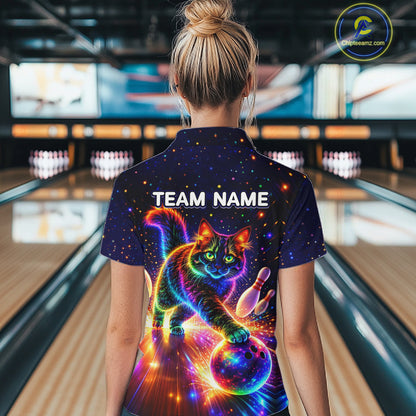 Personalized Bowling Shirts for Women Custom Cat Team Bowling Apparel, Colorful Neon bowling shirts NQS11517