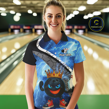 Funny King Crown Bowling Blue Lightning Thunder Bowling Shirts for Women Custom Bowling Team Jersey NQS10928
