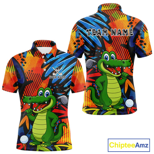 Custom Funny Colorful Graffiti Alligator Golf Polo Shirt For Men, Personalized best mens golf wear NQS10736