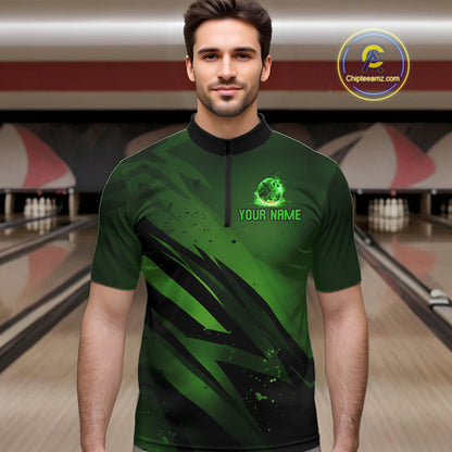 Custom Black and Green Flame Mens Bowling Shirts, Bowling Polo, 1/4 Zip Team Jerseys NQS11130