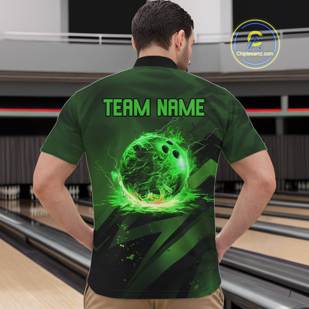 Custom Black and Green Flame Mens Bowling Shirts, Bowling Polo, 1/4 Zip Team Jerseys NQS11130