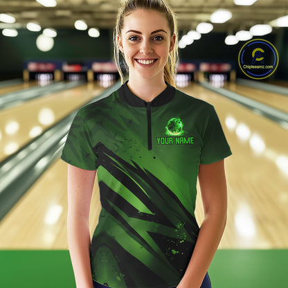 Custom Black and Green Flame Womens Bowling Shirts, Bowling Polo, 1/4 Zip Team Jerseys NQS11130