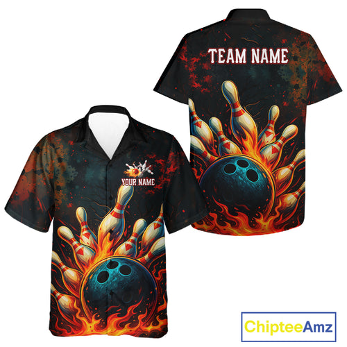 Red Flame Bowling Hawaiian Shirt Custom Team Bowling Outfit, Gift for Bowlers NQS10752