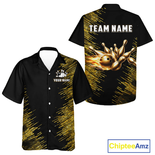 Black and Gold Flame Bowling Hawaiian Shirt Custom Team Bowling jerseys, Gift For Bowlers NQS11342