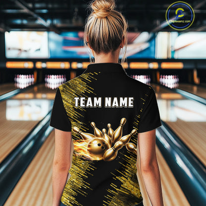 Black and Gold Flame Bowling Shirts For Women Custom Team Bowling jerseys, Gift For Bowlers NQS11342