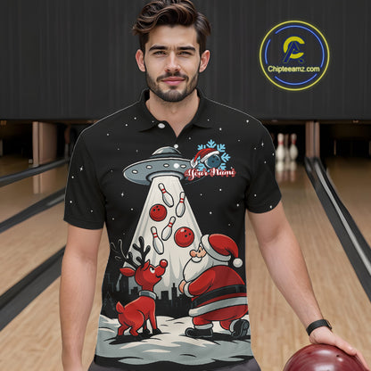 Funny Santa UFO Alien Black Bowling Polo, 1/4 Zip Shirts For Men Custom Christmas Team Bowling Jersey NQS10766